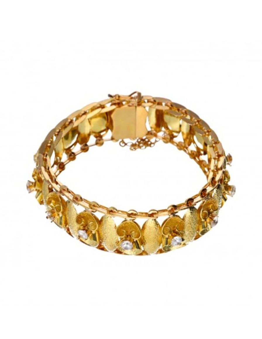 Pulseras Goya Compro Oro | Brazalete Ancho Con Diseno Oro Amarillo 18Kl Zirconitas