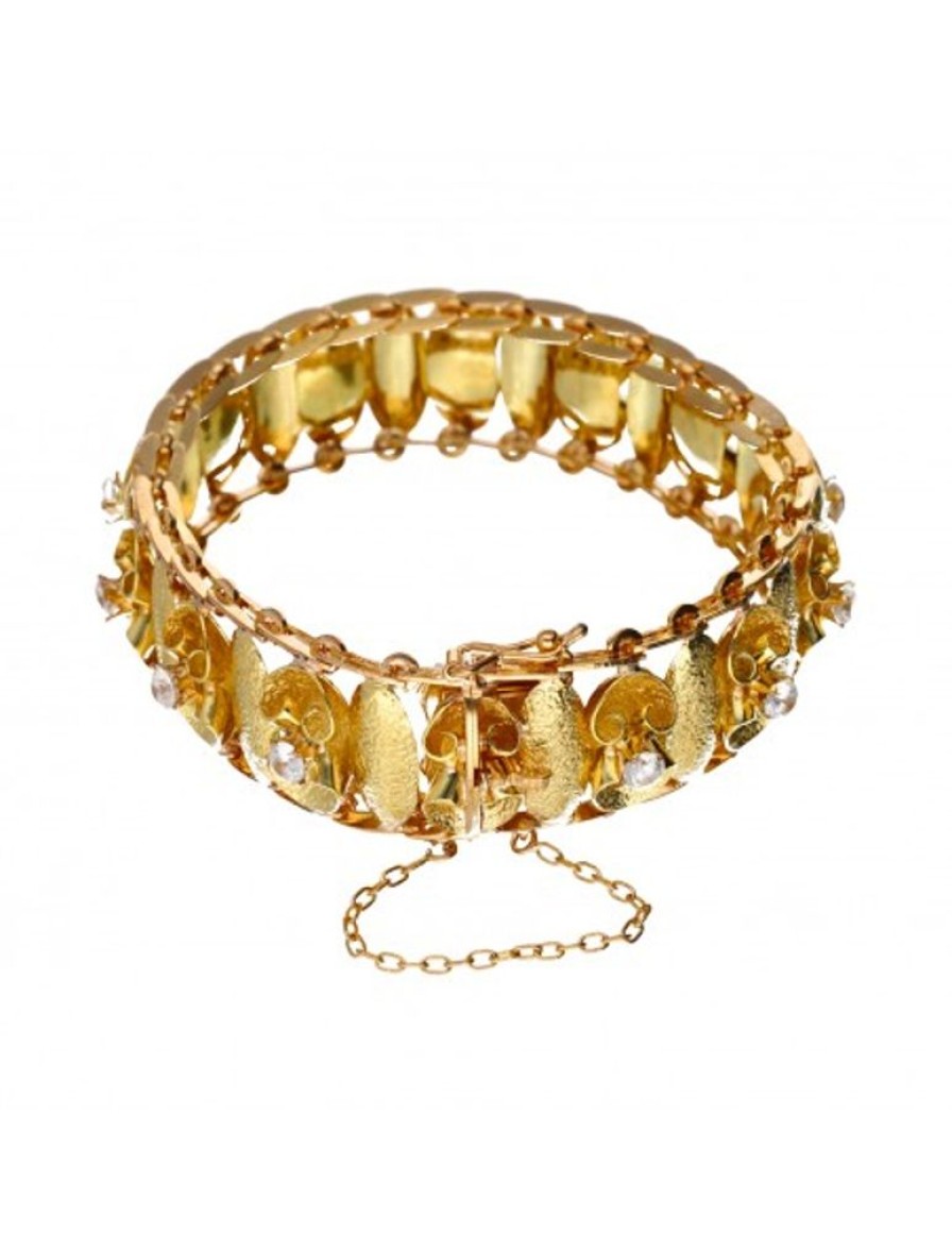 Pulseras Goya Compro Oro | Brazalete Ancho Con Diseno Oro Amarillo 18Kl Zirconitas