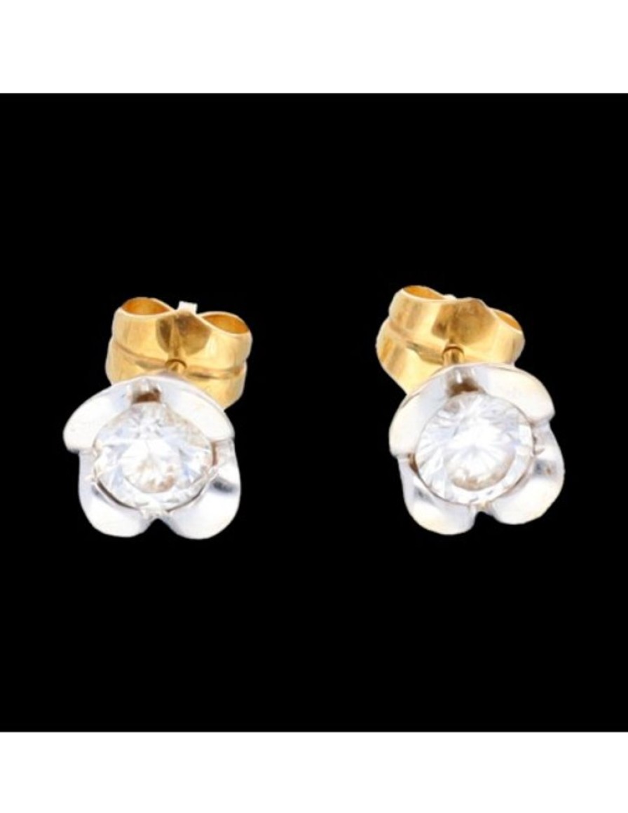 Pendientes Goya Compro Oro | Pendientes Flor Con Zirconita Oro Amarillo Y Blanco 18Kl