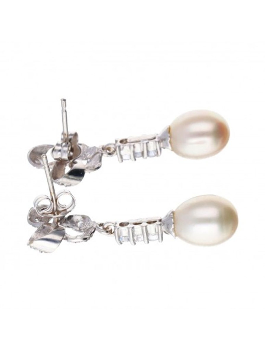 Pendientes Goya Compro Oro | Pendientes De Oro Blanco 18 Con Zirconitas Y Perlas